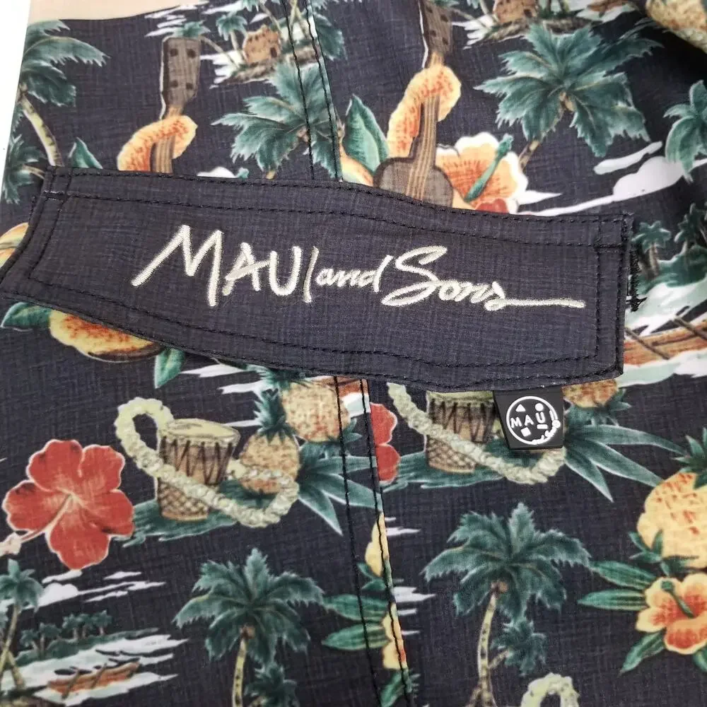 Maui & Son's Men's Swim Trunks Board Shorts Ukelele Shark 4 Way Stretch Black 32